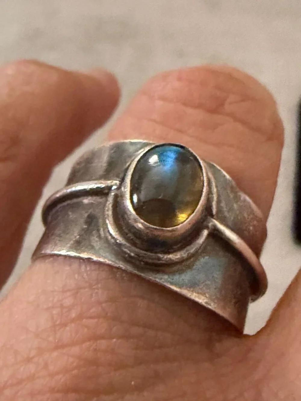 Handmade Oval Labradorite Wide Sterling Silver Bezel Stone Band Ring 5g Size 7.5
